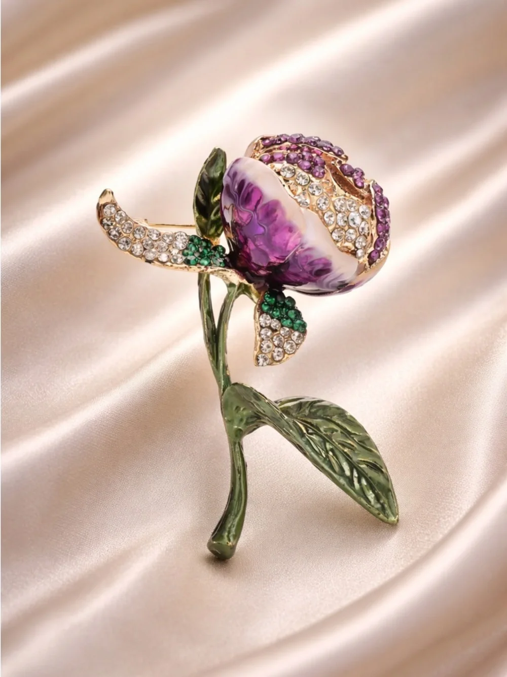 Purple Floral Brooch Pin – Rhinestone Rose Statement Accessory
